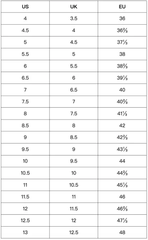 Yeezy Size Chart